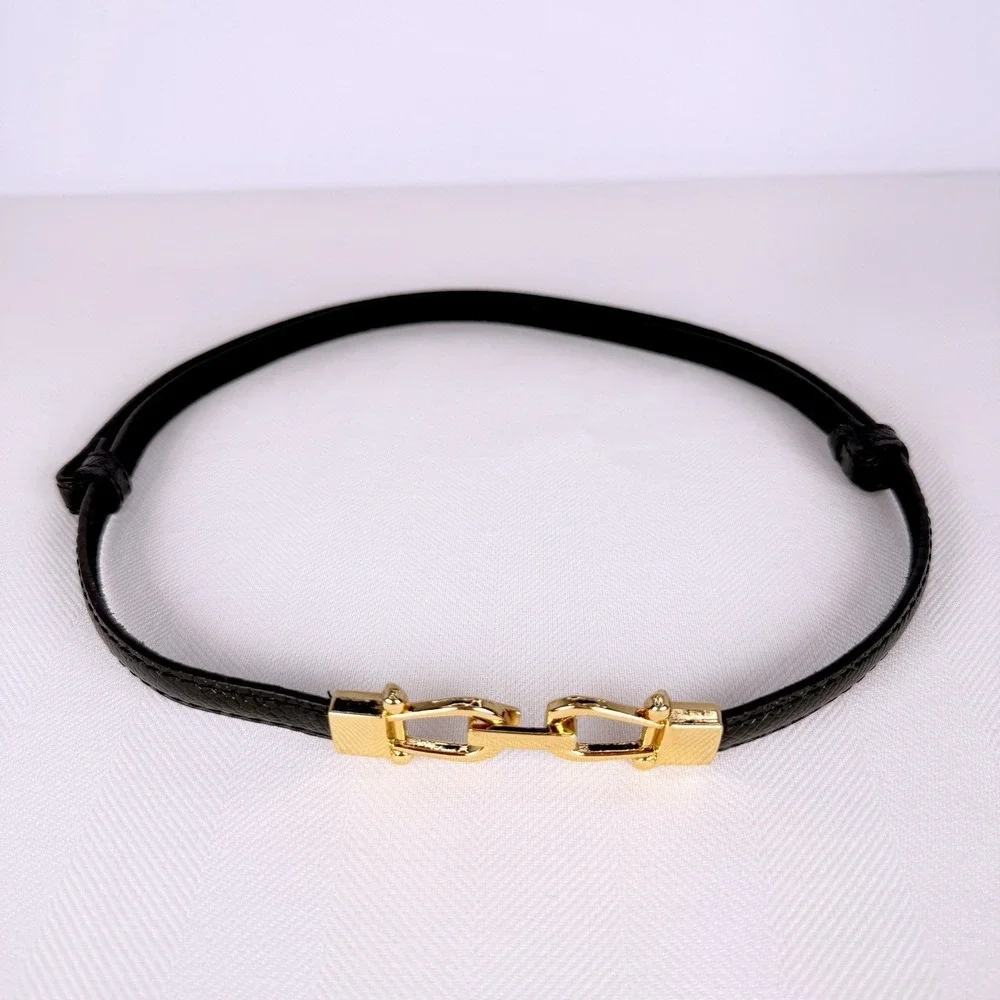 Luxe Black Skinny Leather Belt Horse bit Gold Hardware Lizard Embossed Snakeskin